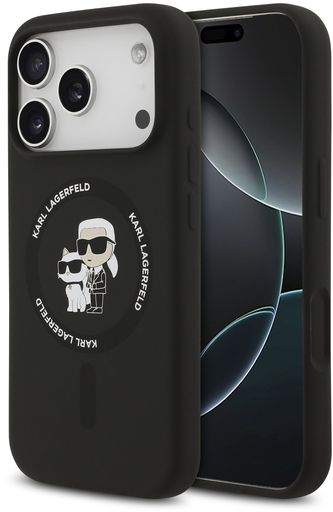 Karl Lagerfeld Liquid Karl and Choupette iPhone 17 Pro fekete szilikon MagSafe tok