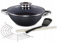 kamille pánev litinová WOK 4806MR, skleněná poklice, rošt, obracečka, hůlky, 28 cm - Wok Pan