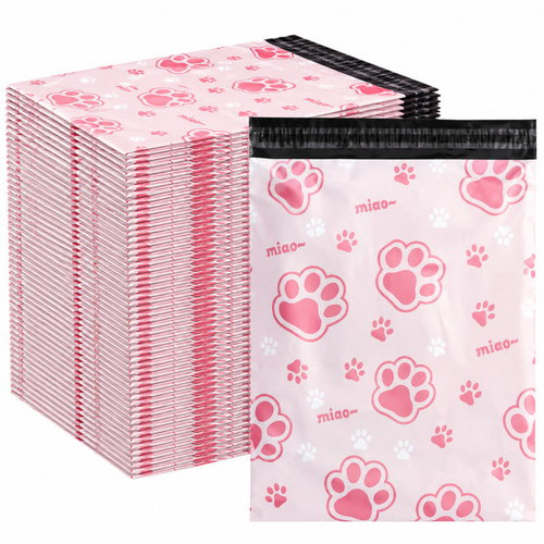 REALG RC136 Plastic Mailing Bags 255 × 370 mm, Pink Paws - Pack of 50 - Envelope - Main image