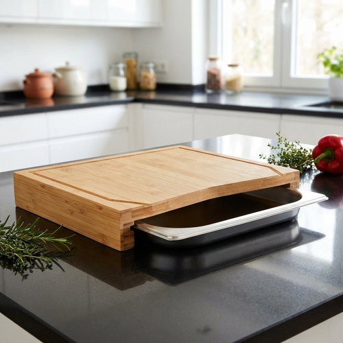 KESPER Bamboo cutting board with storage tray, stainless steel - Cutting Board - Main image