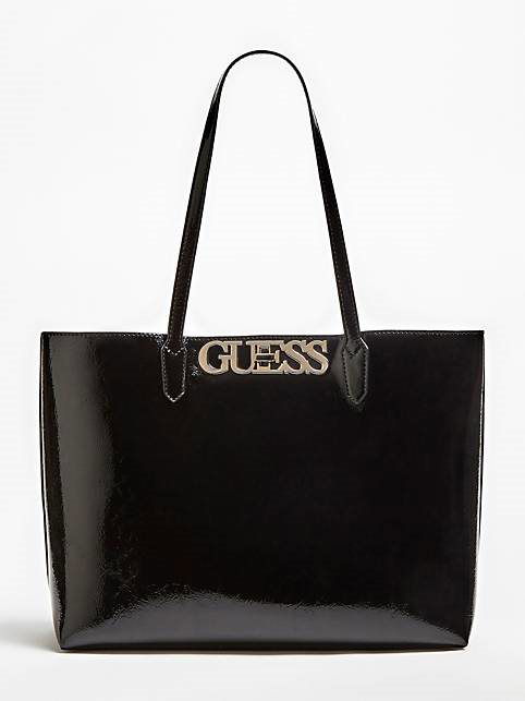 GUESS Uptown Chic Patent Look Pochette Shopper Black Handbag