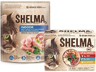 Shelma Indoor bezobilné granuly morčacie 750 g + Shelma bezobilné dusené filetky výber z mäsa a rýb 12× 85 g - Granule pre mačky