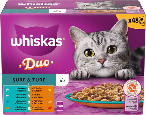 Whiskas 1+ Duo Surf and Turf food for adult cats in jelly 48 × 85 g - Cat Food Pouch - Main image