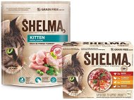 Shelma Junior bezobilné granuly morčacie 750 g + Shelma bezobilné dusené filetky 4 druhy mäsa 12× 85 g - Granule pre mačky