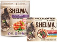 Shelma Sterile bezobilné granuly lososové 750 g + Shelma bezobilné dusené filetky výber z mäsa a rýb 12× 85 g - Granule pre mačky