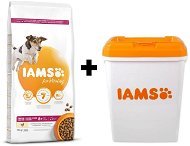 IAMS Dog Senior Small & Medium Chicken 12 kg + IAMS Dog nádoba na krmivo 15 kg - Sada krmiva