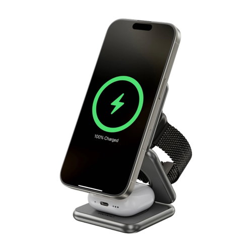 Kuxiu X40Q Qi2 Certified 3-in-1 MagSafe Foldable Charging Stand - Gray - Wireless Charger - Main image