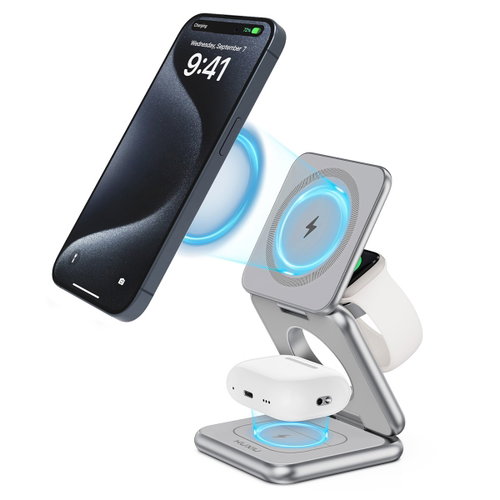 Kuxiu X40 3-in-1 MagSafe Foldable Charging Stand - Silver - Wireless Charger - Main image