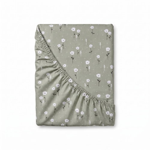 Kvalitex Cotton Fitted Sheet 160 × 200 cm Green Flowers - Bedsheet - Main image