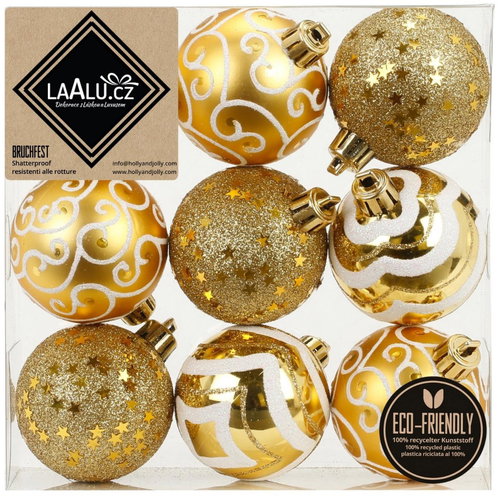 LAALU Set of 9 Ornaments: Round Ornaments Gold Mix 6cm - Christmas Ornaments - Main image