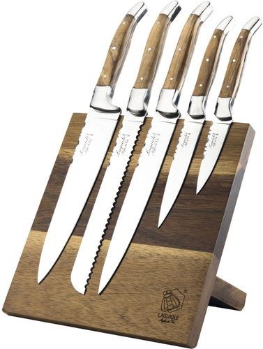 LAGUIOLE Luxury Line Knife Set with Block, 5 Pcs, Olive Wood Handle, Height 300mm - Knife Set - Main image