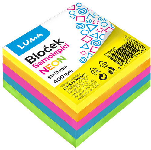 LUMA TRADING samolepicí 51 × 51 mm, 5 × 80 lístků, neonový mix barev - Memo Pad - Main image