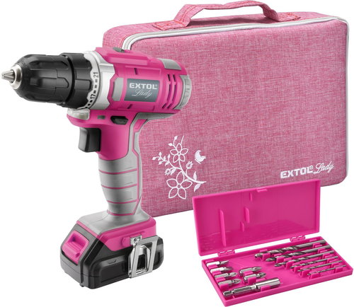 EXTOL LIGHT cordless drill screwdriver, pink, 12V Li-ion, 1300mAh, in bag, EXTOL LADY, 402401 - Cordless Drill - Main image