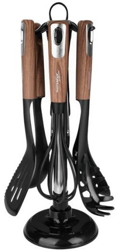Masterpan Set of kitchen utensils with wood effect and stand - 7 pcs - Kitchen Utensil Set - Main image