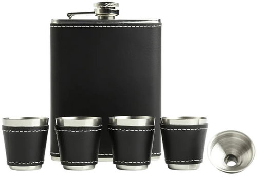 Foxter 2480 Stainless steel flask 270 ml + 4 × shot glass eco leather black - Hip Flask - Main image