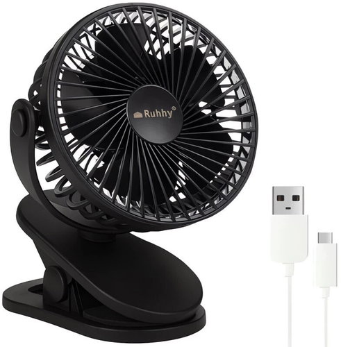 Ruhhy 25567 Ventilátor s klipem USB, 1200 mAh, USB-C, černý - Fan - Main image