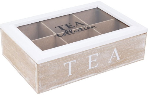 Koopman Wooden Tea Box, 6 Compartments, 24 × 7.1cm, White - Tea Storage Box - Main image