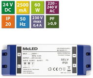 McLED Napájecí zdroj 60W, DC24V/2,5A, IP20, plastové provedení se svorkovnicí - Napájecí zdroj