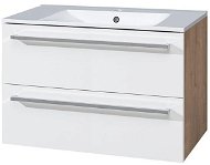 Bino kúpeľňová skrinka s keramickým umývadlom 80 cm, biela/dub, 2 zásuvky - Kúpeľňová skrinka