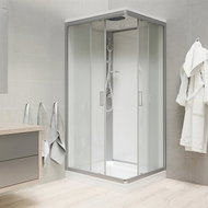 Mereo Shower enclosure, square, 90 cm, satin ALU, glass Point, white back walls, cast tray, with sil - Shower Box