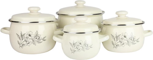 EMALIA RYBNIK 8-piece set of enamel pots Magnolia motif - Kitchenware Set - Main image
