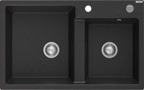 MEXEN Tomas granite double sink 800 × 500 mm, black/metallic, siphon chrome - Granite Sink - Main image