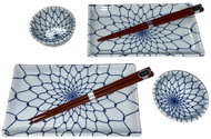 Made In Japan Sushi Set 6 pieces with chopsticks with white and blue net motif - Serving Set