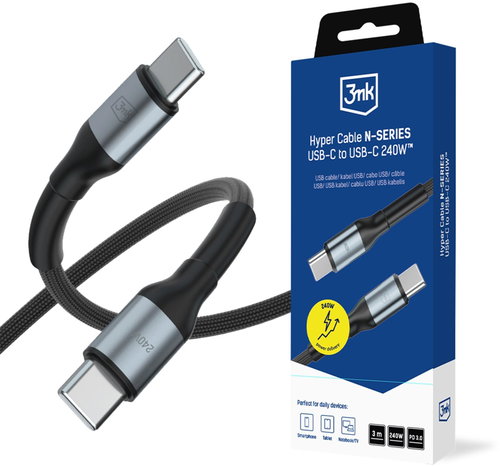 3MK Hyper Cable N-SERIES USB-C/USB-C, Power Delivery, QC 3.0, 240W, 3m Black - Data Cable - Main image