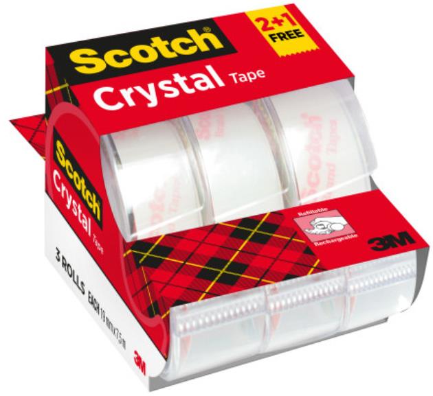 3M Scotch Crystal 19 mm × 7,5 m, kristálytiszta, eldobható letekercseléssel - 3 db