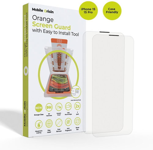 Mobile Origin Orange Screen Guard iPhone 15 Pro/15 2pcs with applicator - Glass Screen Protector - Main image