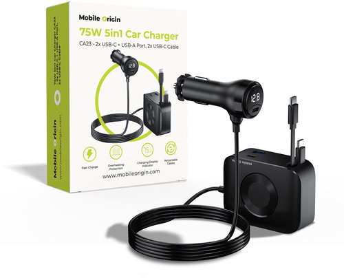 Mobile Origin 75W 5in1 Car Charger CA23 - 2x USB-C + USB-A Port, 2x USB-C Cable - Autós töltő - Fő fotó