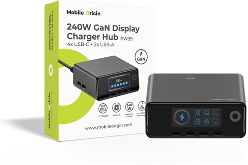 Mobile Origin 240W GaN Display Charger Hub PW39 - 4× USB-C + 2× USB-A - Wall Charger - Main image