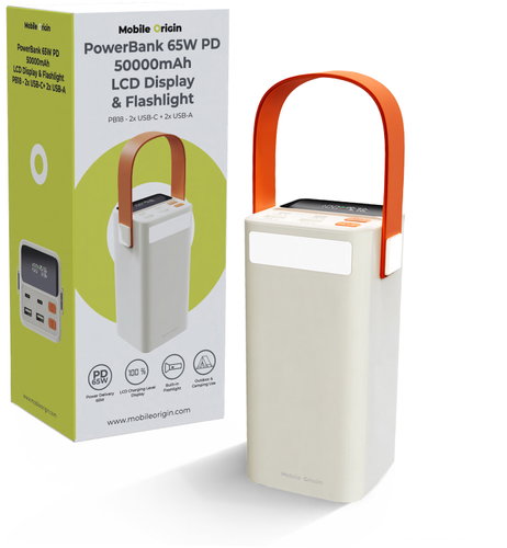 Mobile Origin 50000mAh Power Bank with TFT Display & Flashlight PB18 - 2× USB-C + 2× USB-A - Power Bank - Main image