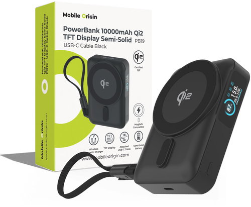 Mobile Origin 10,000mAh Qi2 TFT Display Semi-Solid Power Bank PB19 - USB-C Cable Black - Power Bank - Main image