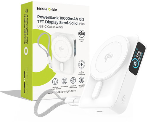 Mobile Origin 10000mAh Qi2 TFT Display Semi-Solid Power Bank PB19 - USB-C Cable White - Power Bank - Main image