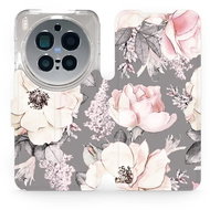 Mobiwear Flip tok, Vivo X300 Pro, virágok, szürke - Mobiltelefon tok