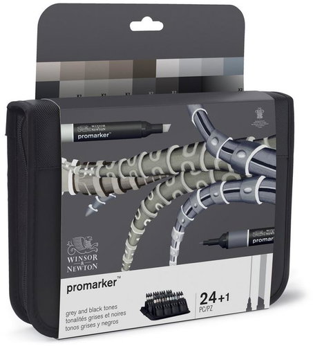 WINSOR NEWTON double-sided Fine Chisel 24+1 pcs Black and grey in pencil case - Marker - Main image