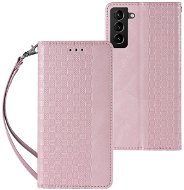 Magnet Strap knížkové kožené pouzdro na Samsung Galaxy S22 Ultra, růžové - Phone Case
