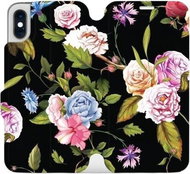 Flip mobile case for Apple iPhone XS - VD07S Roses and flowers on black background - Phone Cover