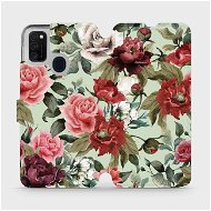 Flipové puzdro na mobil Samsung Galaxy M21 – MD06P Ruže a kvety na svetlo zelenom pozadí - Kryt na mobil
