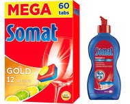 SOMAT Gold Lemon & Lime MEGA 60 ks + SOMAT Rinser 2in1 500 ml - Sada drogerie