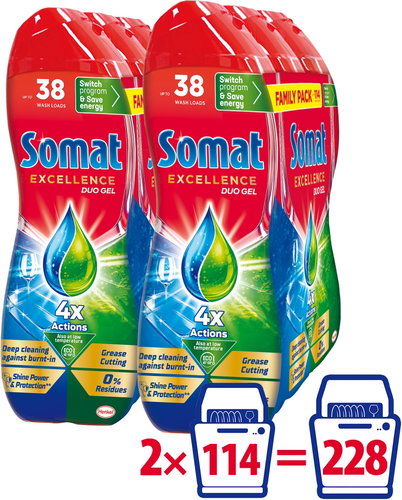 SOMAT Excellence Anti-Grease 2× 2.052L (228 Washes) Main image SOMAT Excellence Anti-Grease 2× 2.052L (228 Washes) - Dishwasher Gel - Main image