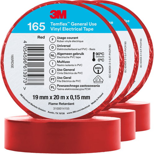 3M Insulating Tape Temflex 165, size 15 mm x 10 m x 0,15 mm, colour red, 3 pcs - Electrical Tape - Main image