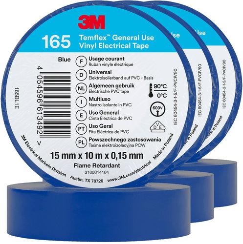 3M Insulating Tape Temflex 165, size 15 mm x 10 m x 0,15 mm, colour blue, 3 pcs - Electrical Tape - Main image