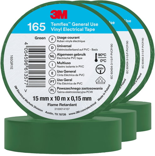 3M Temflex 165 szigetelőszalag, 15 mm×10 m×0,15 mm, 3 darab, zöld - Szigetelőszalag - Fő fotó