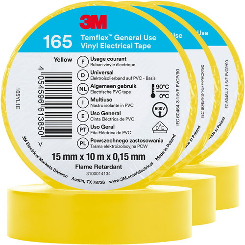 3M Insulating tape Temflex 165, size 15 mm x 10 m x 0,15 mm, colour yellow, 3 pcs - Electrical Tape - Main image