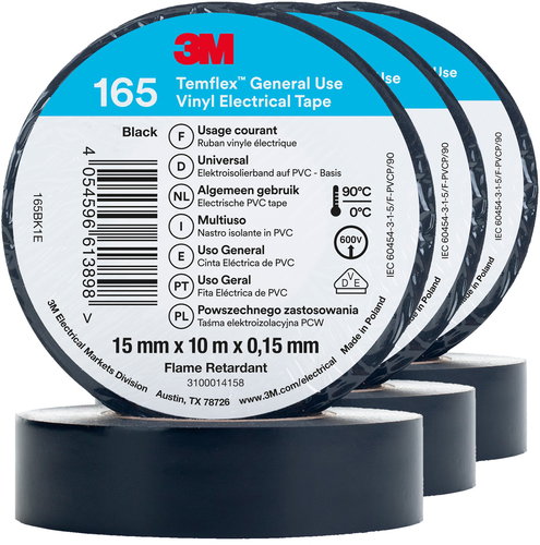 3M Insulating Tape Temflex 165, size 15 mm x 10 m x 0,15 mm, colour black, 3 pcs - Electrical Tape - Main image