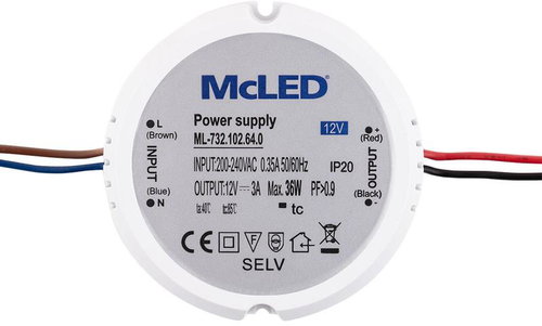 McLED Power supply 36 W, DC12V/3A, IP20, plastic, for el. Installation box - Power Supply - Main image