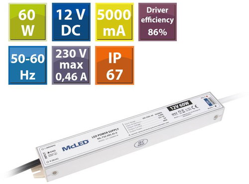 McLED Power supply 60 W, DC12V/5A, IP67, aluminium - Power Supply - Main image