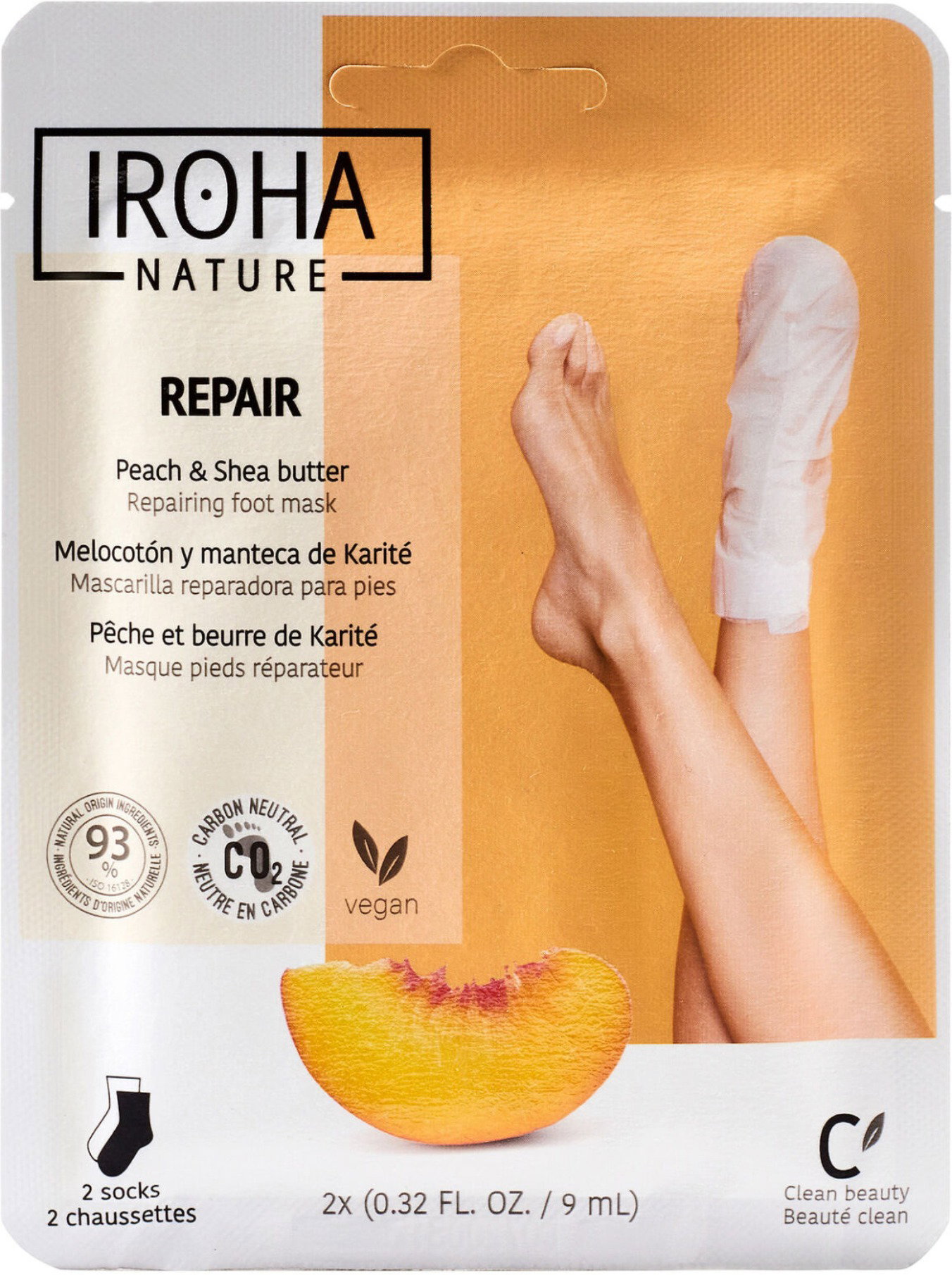 IROHA NATURE Peach and Shea Butter lábmaszk, 2 × 9 ml